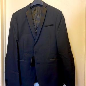 Devils Advocate regular fit black peak satin lapel single breasted tux jacket
